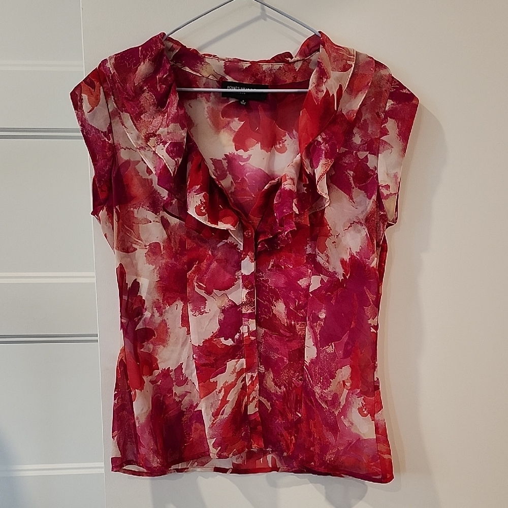 Jones New York Sheer Floral Ruffle Neck Blouse in Red and Cream